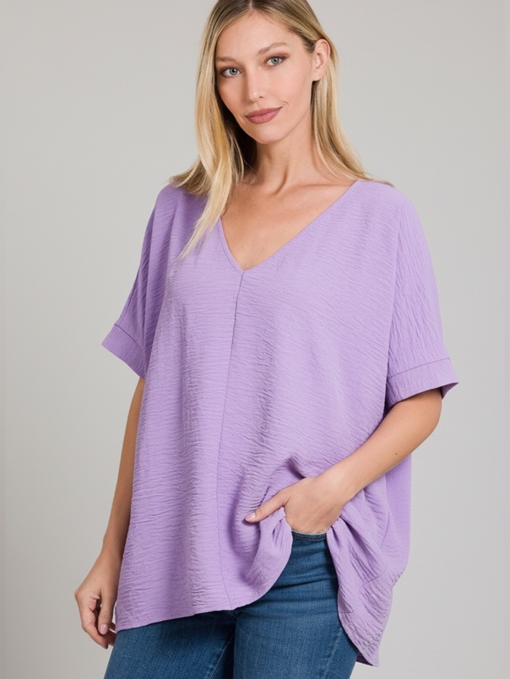 Zenana V-Neck Woven Dolman Sleeve Top in Lavender